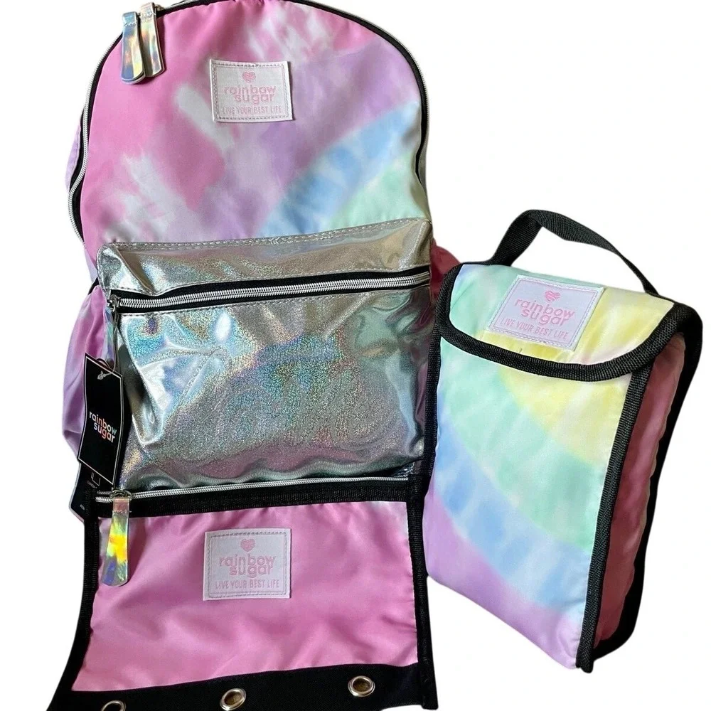 Rainbow Sugar 3pc Backpack Set Tie Dye Silver Holographic Lunch Bag Pencil Case